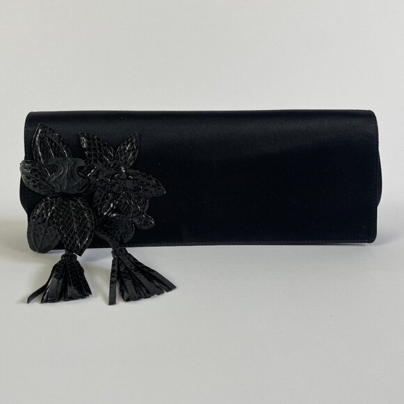 Gucci Black Satin Clutch with Floral Detail - Picture 1 of 16